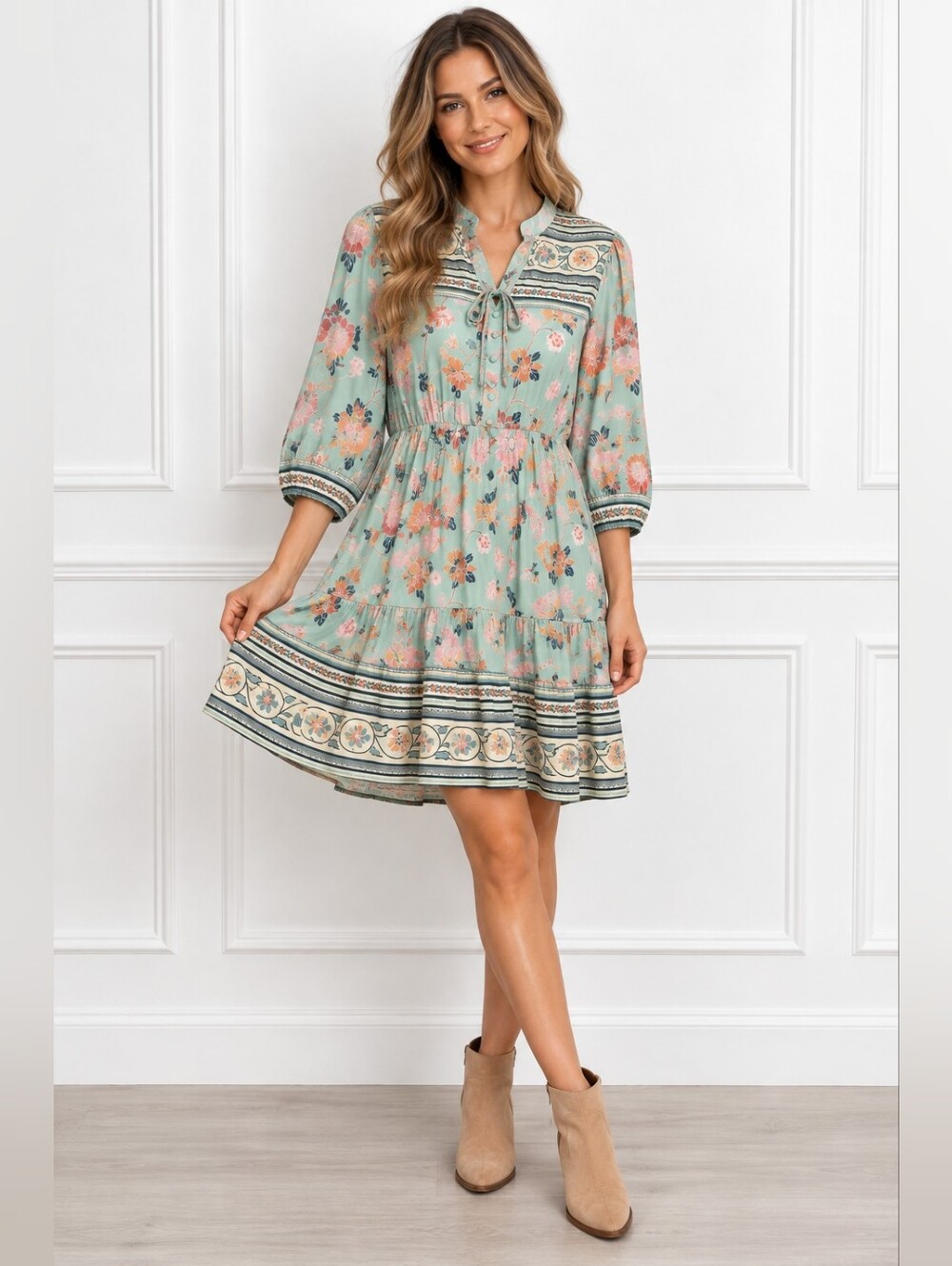 Umgee Mint Floral Boho Tiered Dress Small 3/4 Sleeve NWT